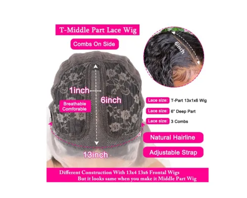 13x4x1 Water Wave 13x1x6 T part Lace Transparent Human Hair Wigs 180%