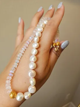 18K Yellow Gold Rainbow Moonstone & Freshwater Pearl Star Cutout Round Bead Gemstone Halfsie Necklace 18" | Indulgems | Designs in Real Gold