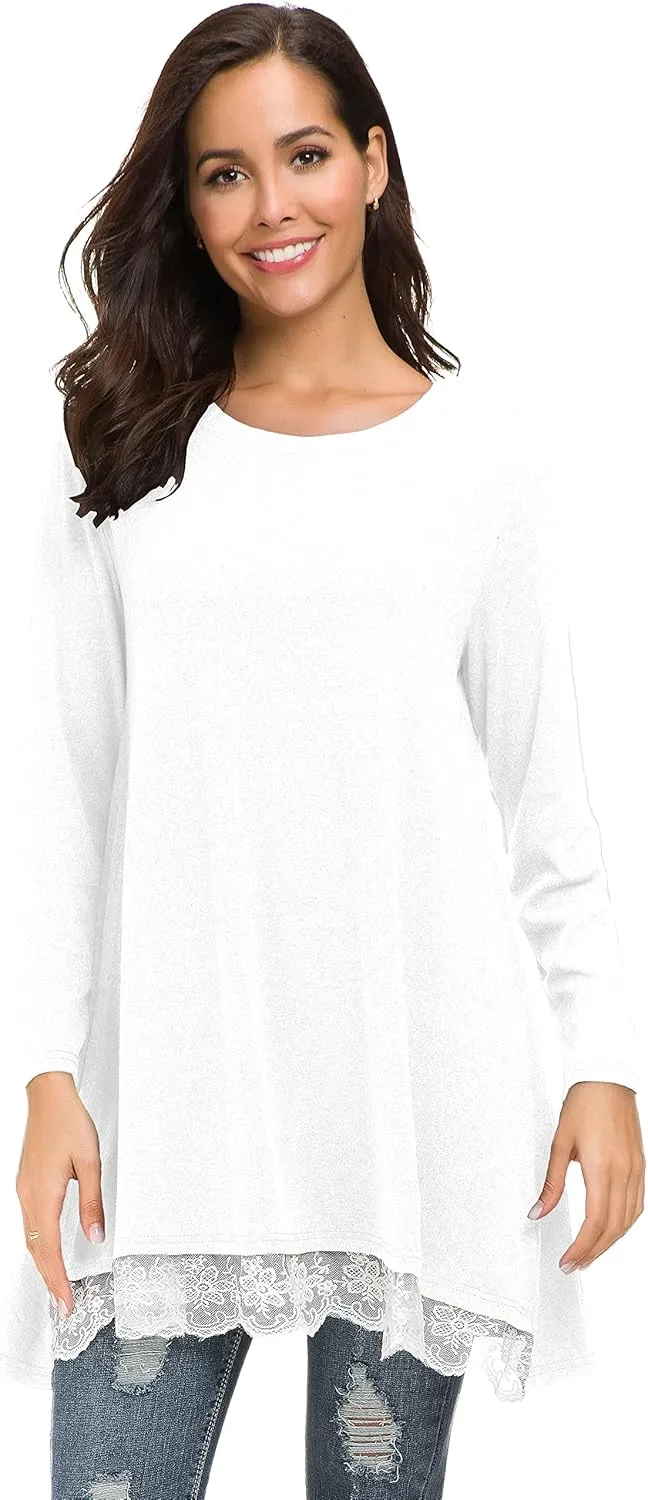 Afibi Women Lace Long Sleeve A-line Swing T-Shirt Loose Tunic Top Blouse