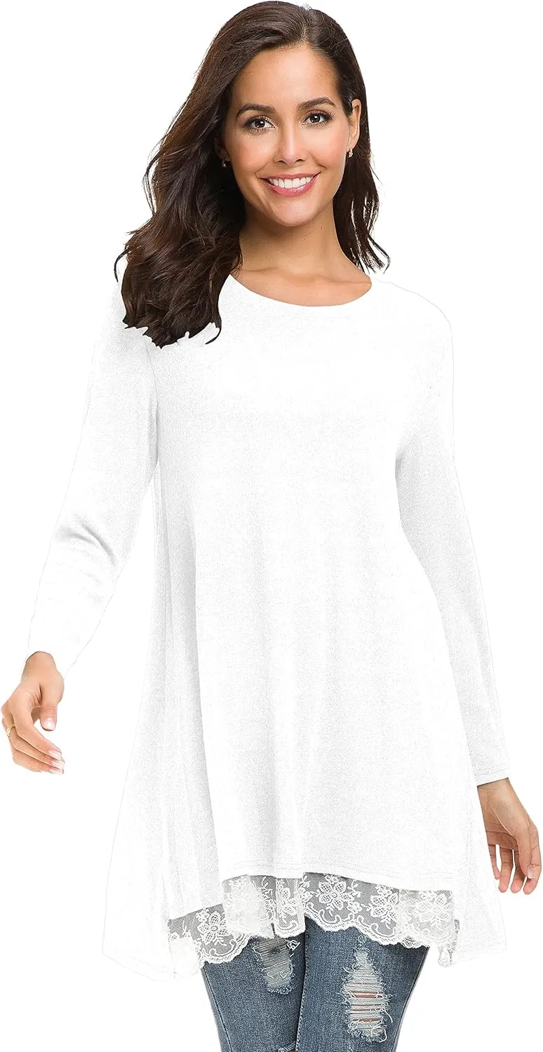 Afibi Women Lace Long Sleeve A-line Swing T-Shirt Loose Tunic Top Blouse