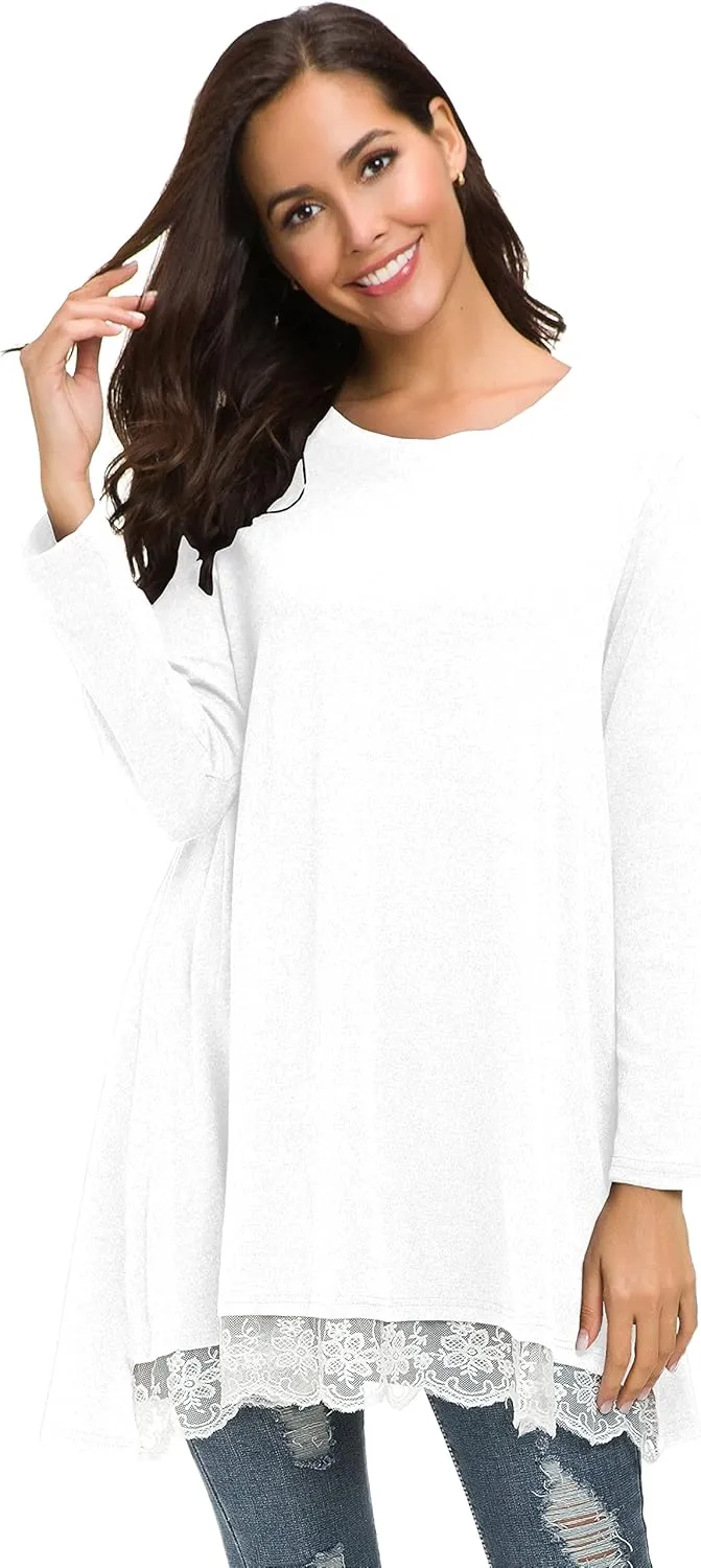 Afibi Women Lace Long Sleeve A-line Swing T-Shirt Loose Tunic Top Blouse