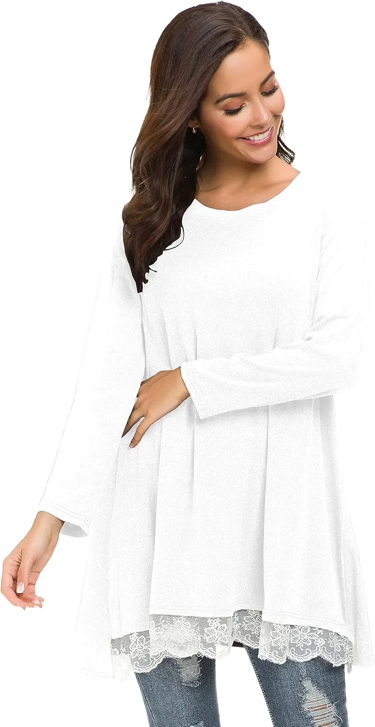 Afibi Women Lace Long Sleeve A-line Swing T-Shirt Loose Tunic Top Blouse