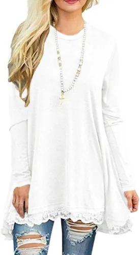 Afibi Women Lace Long Sleeve A-line Swing T-Shirt Loose Tunic Top Blouse