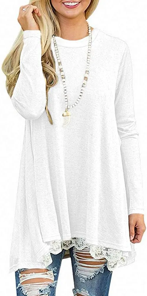Afibi Women Lace Long Sleeve A-line Swing T-Shirt Loose Tunic Top Blouse