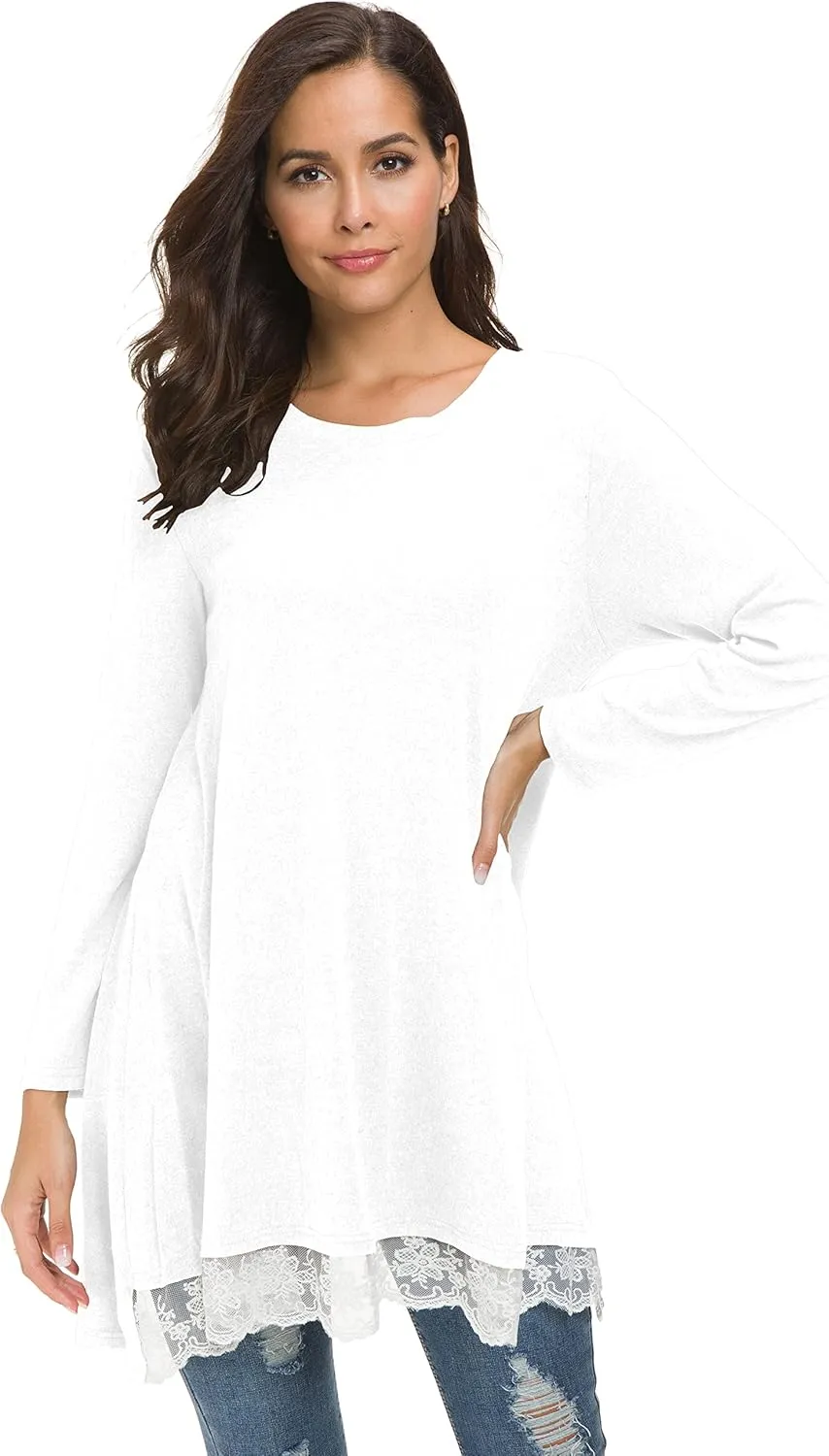 Afibi Women Lace Long Sleeve A-line Swing T-Shirt Loose Tunic Top Blouse