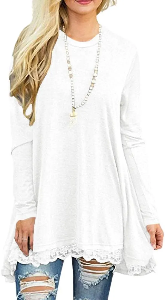 Afibi Women Lace Long Sleeve A-line Swing T-Shirt Loose Tunic Top Blouse