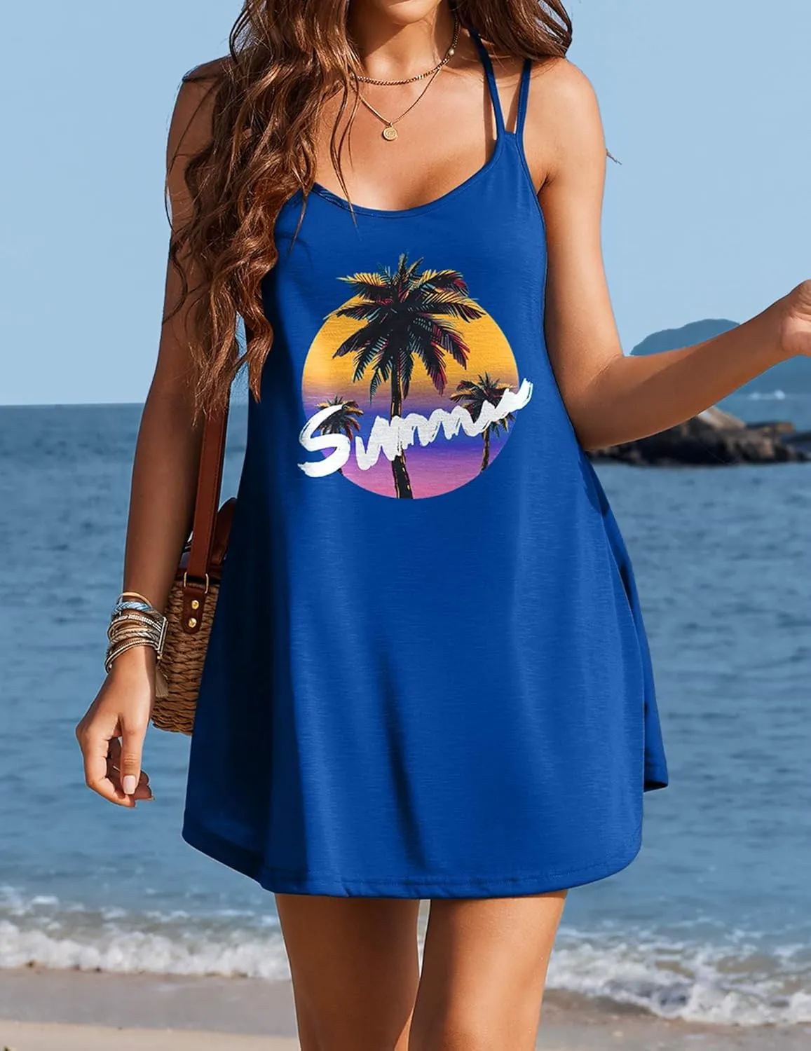 AI'MAGE Womens Spaghetti Strap Cover Up Sleeveless Bathing Suit Coverups Backless T Shirt Beach Dress S-3XL