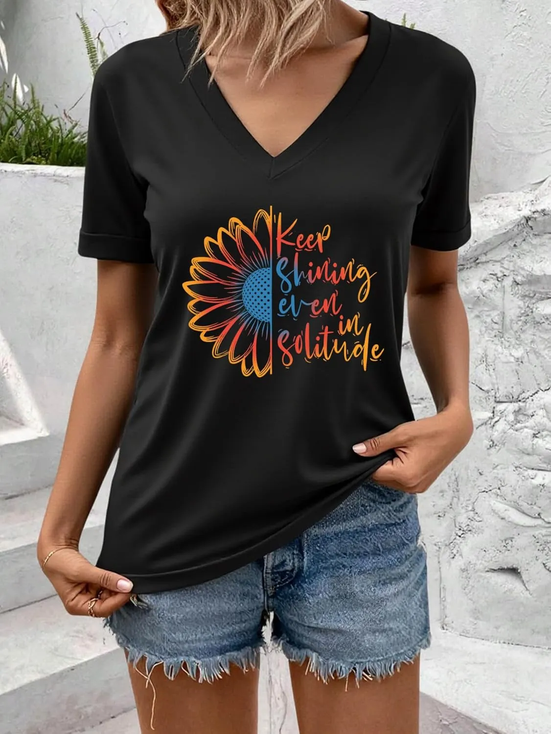 AiMgFUN Women's Cute Sunflower Graphic T Shirts Letter Print V Neck Summer Casual Roll up Short Sleeve Tops