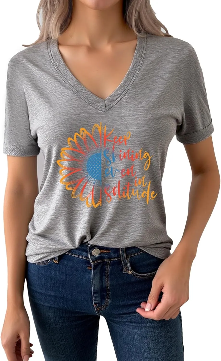 AiMgFUN Women's Cute Sunflower Graphic T Shirts Letter Print V Neck Summer Casual Roll up Short Sleeve Tops