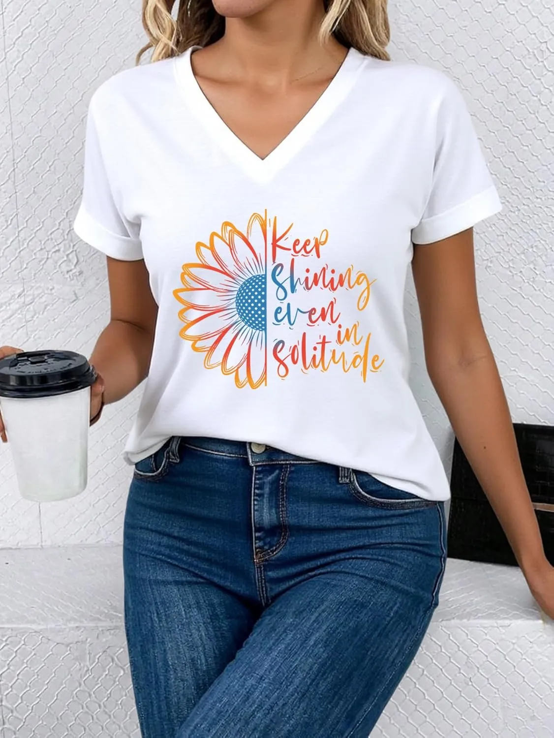 AiMgFUN Women's Cute Sunflower Graphic T Shirts Letter Print V Neck Summer Casual Roll up Short Sleeve Tops