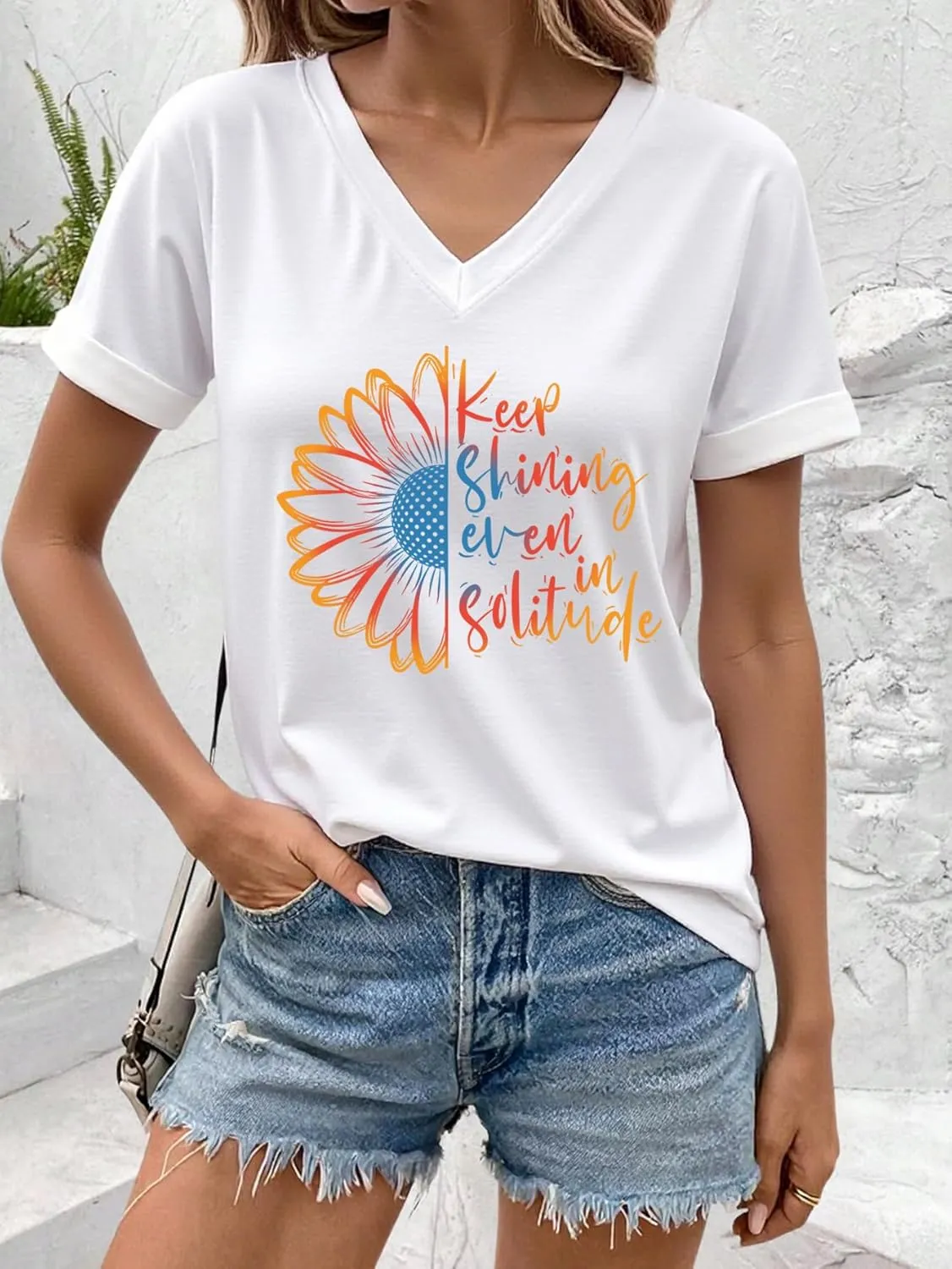 AiMgFUN Women's Cute Sunflower Graphic T Shirts Letter Print V Neck Summer Casual Roll up Short Sleeve Tops