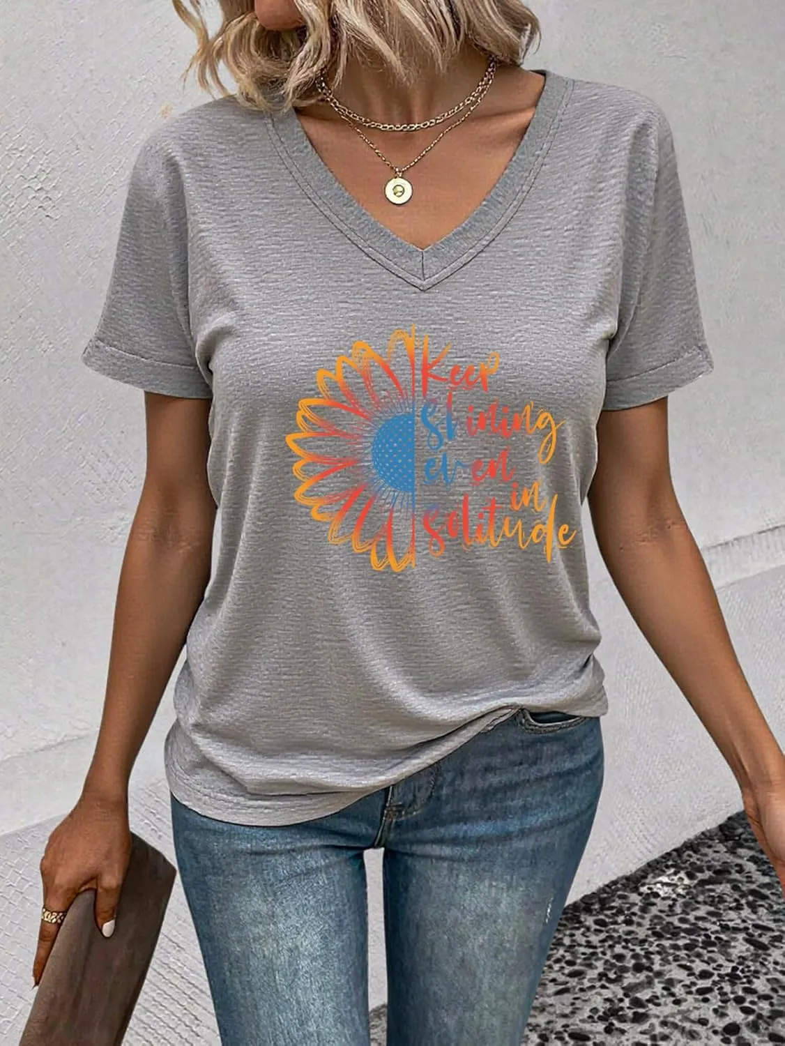AiMgFUN Women's Cute Sunflower Graphic T Shirts Letter Print V Neck Summer Casual Roll up Short Sleeve Tops