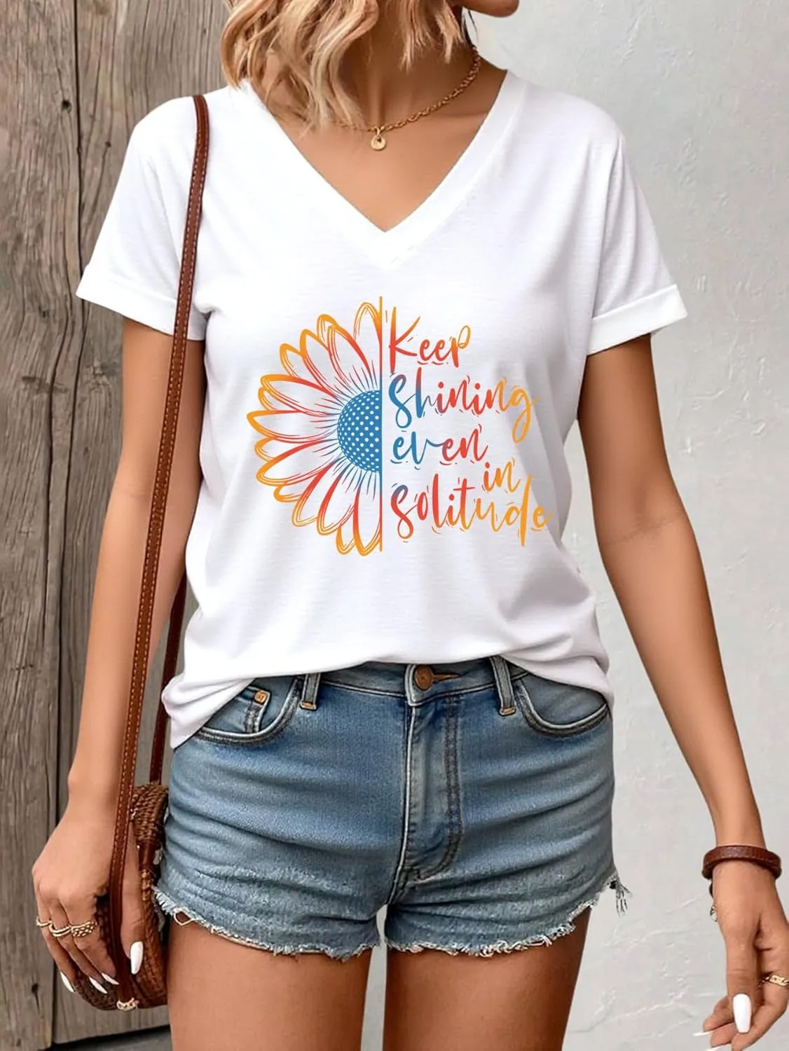 AiMgFUN Women's Cute Sunflower Graphic T Shirts Letter Print V Neck Summer Casual Roll up Short Sleeve Tops