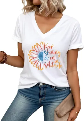 AiMgFUN Women's Cute Sunflower Graphic T Shirts Letter Print V Neck Summer Casual Roll up Short Sleeve Tops