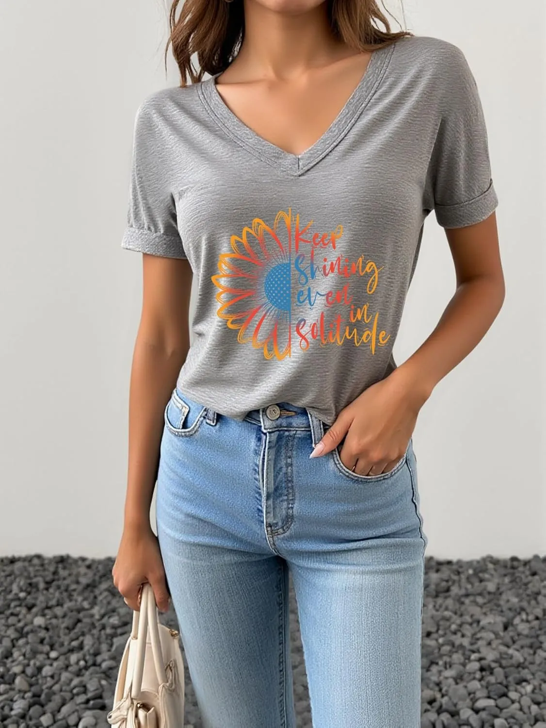 AiMgFUN Women's Cute Sunflower Graphic T Shirts Letter Print V Neck Summer Casual Roll up Short Sleeve Tops