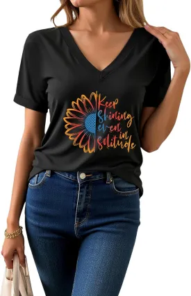 AiMgFUN Women's Cute Sunflower Graphic T Shirts Letter Print V Neck Summer Casual Roll up Short Sleeve Tops