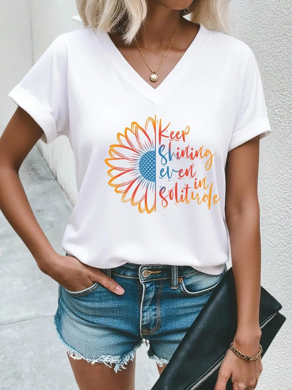 AiMgFUN Women's Cute Sunflower Graphic T Shirts Letter Print V Neck Summer Casual Roll up Short Sleeve Tops