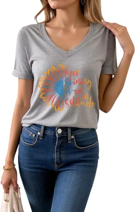 AiMgFUN Women's Cute Sunflower Graphic T Shirts Letter Print V Neck Summer Casual Roll up Short Sleeve Tops