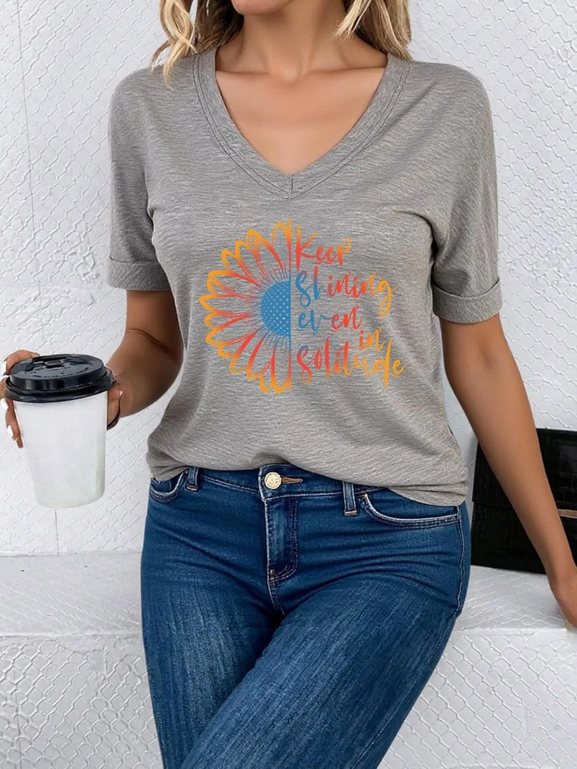 AiMgFUN Women's Cute Sunflower Graphic T Shirts Letter Print V Neck Summer Casual Roll up Short Sleeve Tops
