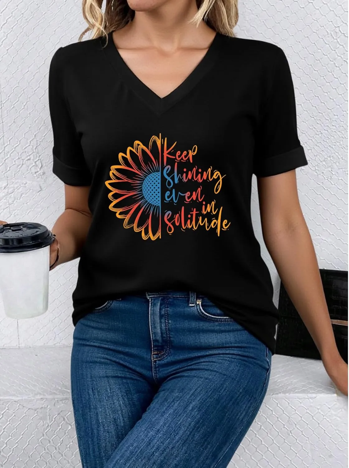 AiMgFUN Women's Cute Sunflower Graphic T Shirts Letter Print V Neck Summer Casual Roll up Short Sleeve Tops