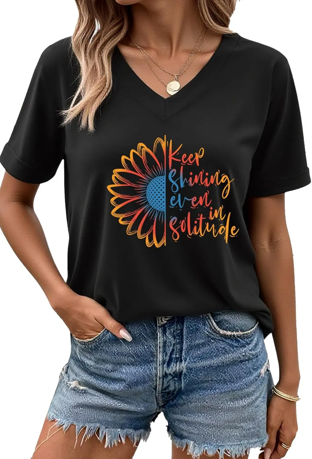 AiMgFUN Women's Cute Sunflower Graphic T Shirts Letter Print V Neck Summer Casual Roll up Short Sleeve Tops