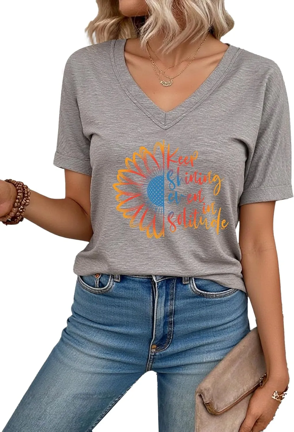 AiMgFUN Women's Cute Sunflower Graphic T Shirts Letter Print V Neck Summer Casual Roll up Short Sleeve Tops
