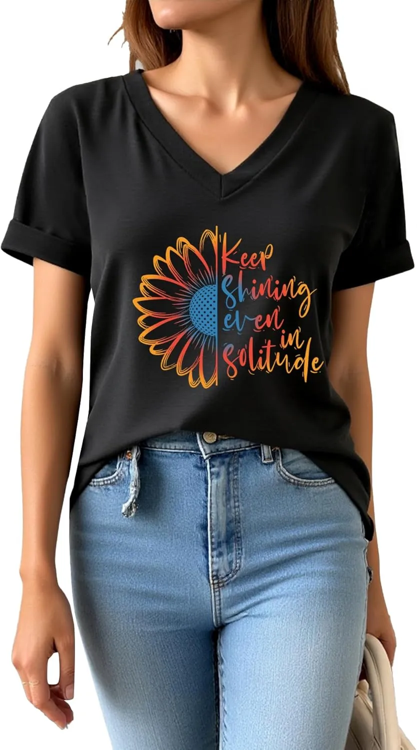 AiMgFUN Women's Cute Sunflower Graphic T Shirts Letter Print V Neck Summer Casual Roll up Short Sleeve Tops
