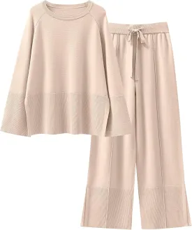 ANRABESS Womens 2 Piece Outfits Oversized Knit Sweater Set Wide Leg Pant Cozy Lounge Matching Pajama Sets 2024 Trendy Clothes