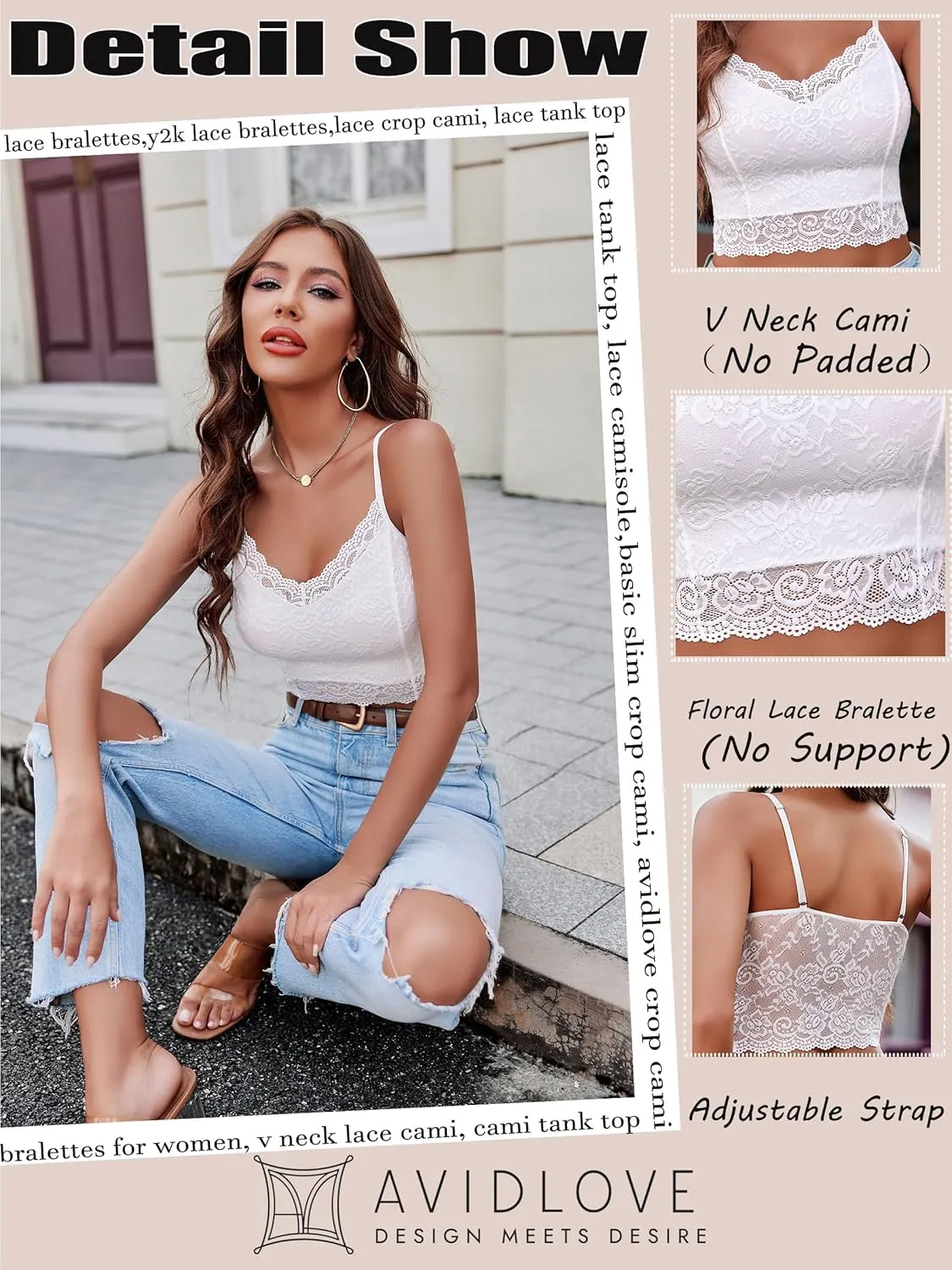 Avidlove Lace Bralette for Women Spaghetti Strap Tank Top V Neck Slim Basic Camisoles