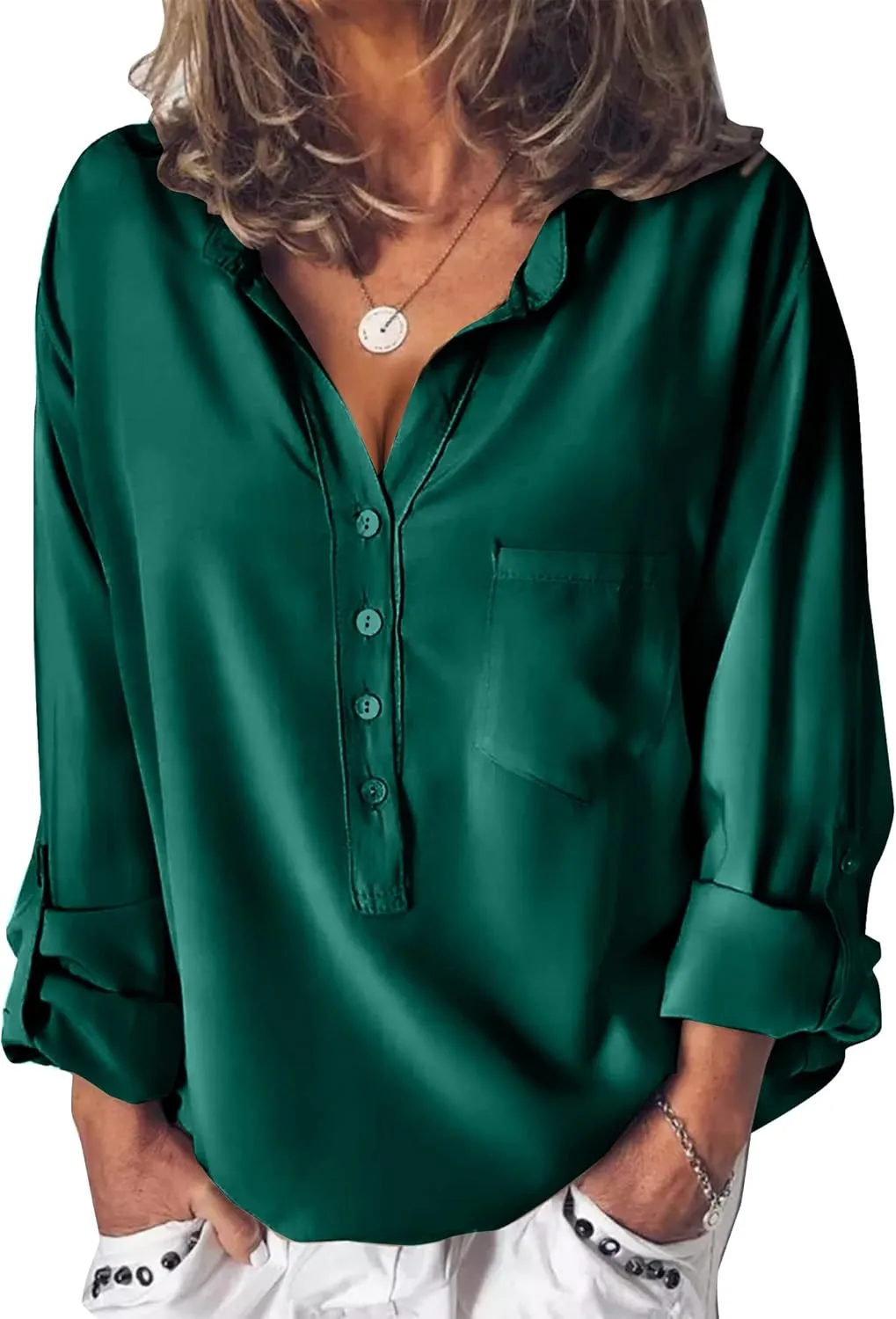 Beyove Satin Blouses for Women Button Down Silky Shirts V Neck Roll Up Long Sleeve Casual Loose Office Work Tops