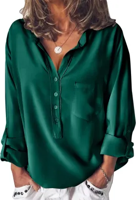 Beyove Satin Blouses for Women Button Down Silky Shirts V Neck Roll Up Long Sleeve Casual Loose Office Work Tops