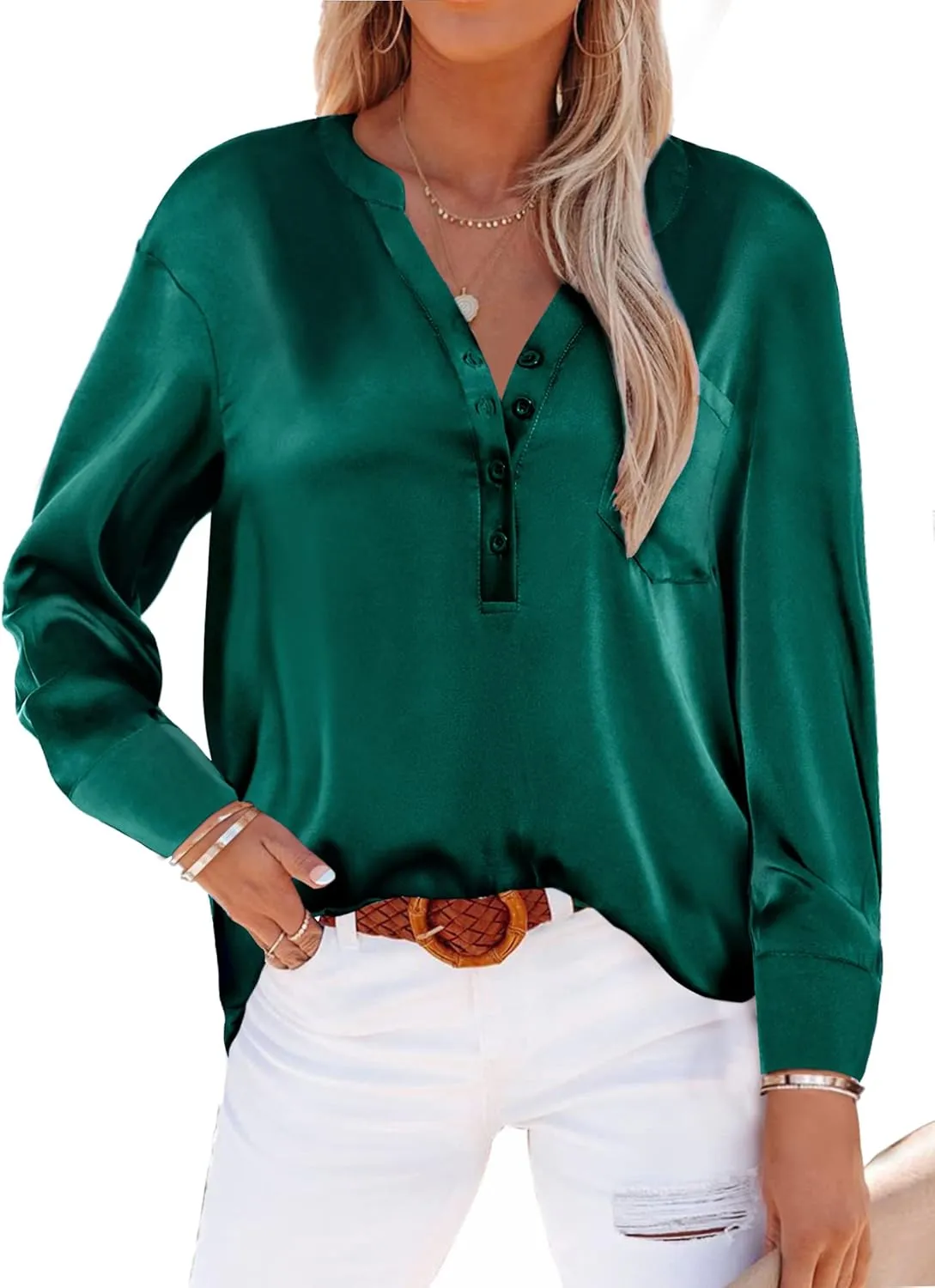 Beyove Satin Blouses for Women Button Down Silky Shirts V Neck Roll Up Long Sleeve Casual Loose Office Work Tops