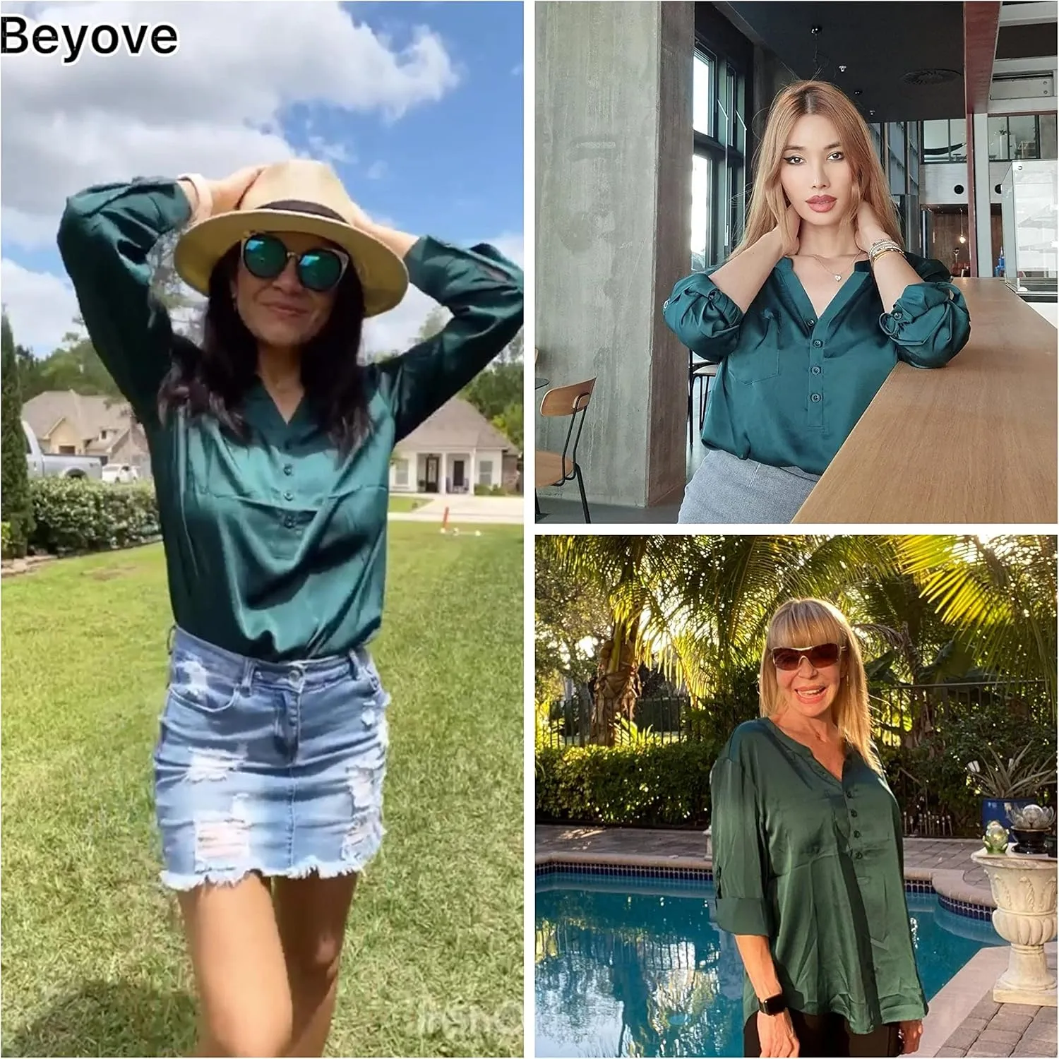 Beyove Satin Blouses for Women Button Down Silky Shirts V Neck Roll Up Long Sleeve Casual Loose Office Work Tops