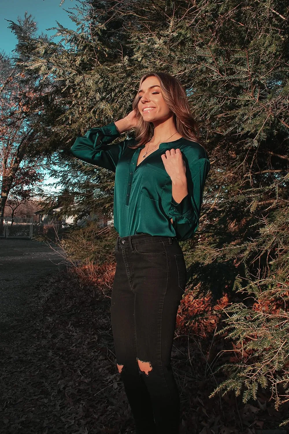 Beyove Satin Blouses for Women Button Down Silky Shirts V Neck Roll Up Long Sleeve Casual Loose Office Work Tops