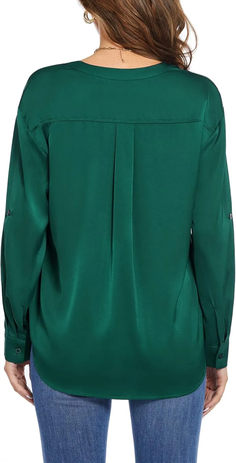 Beyove Satin Blouses for Women Button Down Silky Shirts V Neck Roll Up Long Sleeve Casual Loose Office Work Tops