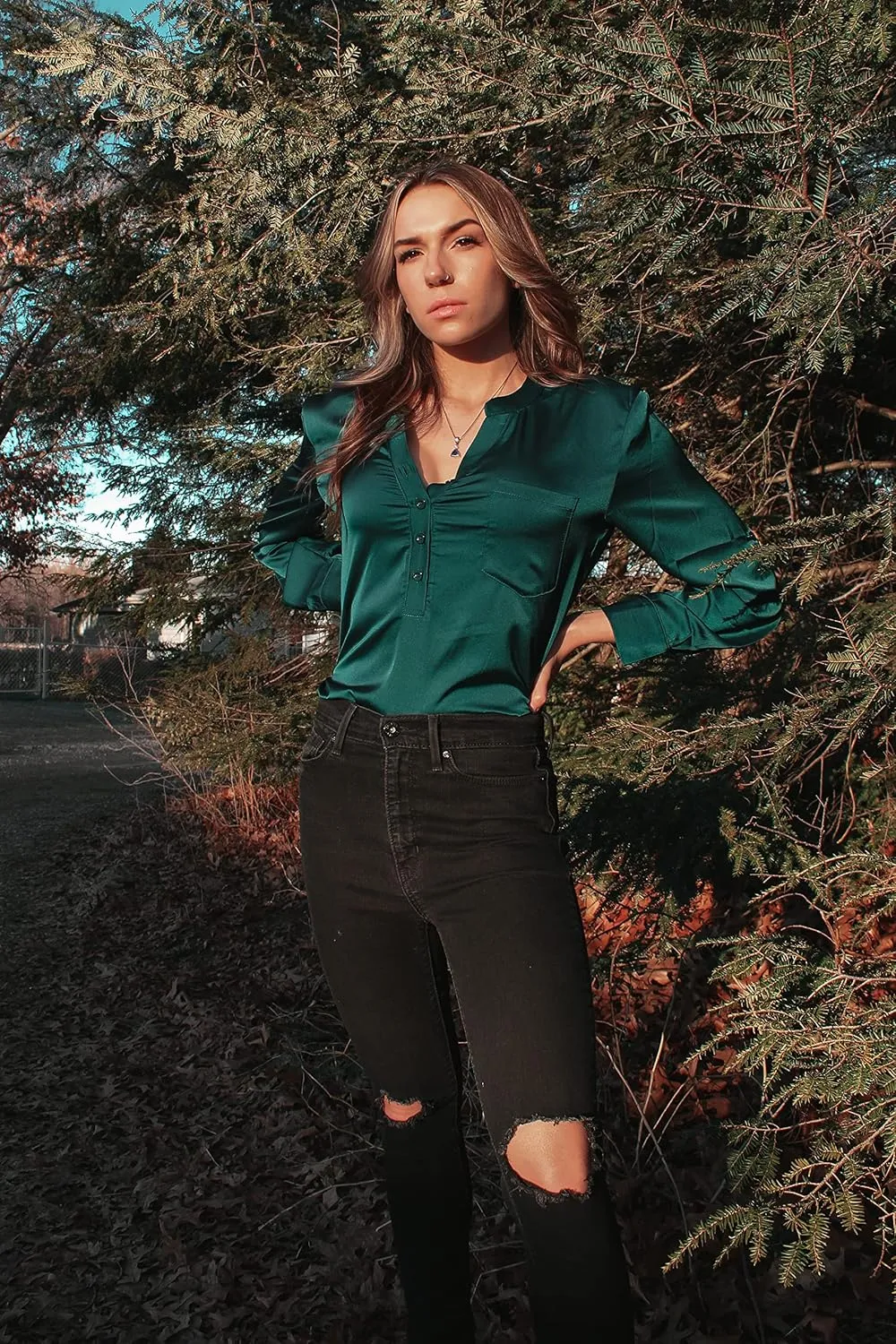 Beyove Satin Blouses for Women Button Down Silky Shirts V Neck Roll Up Long Sleeve Casual Loose Office Work Tops