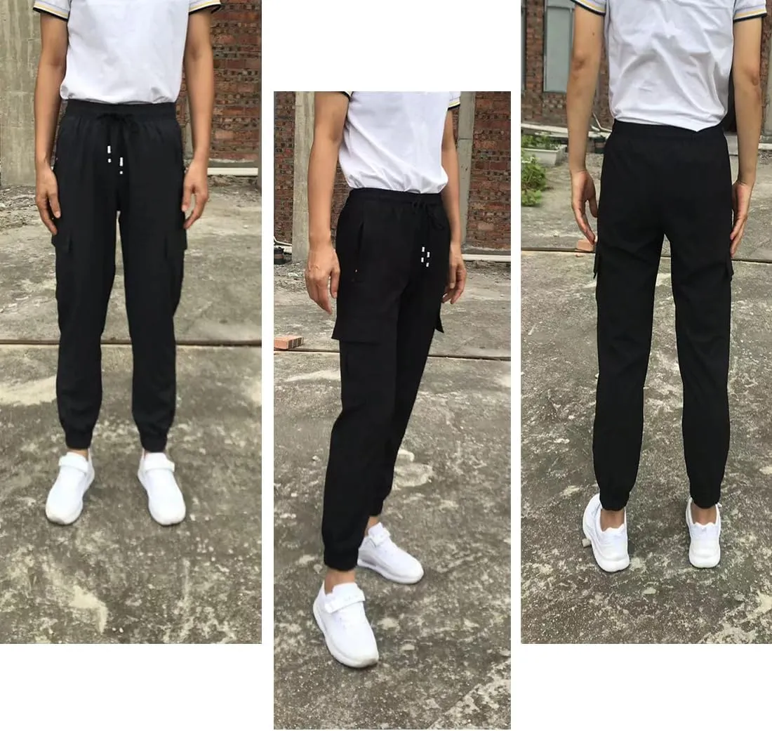 Boys Girls Joggers Cargo Pants with Zipper Pockets Elastic Waist School Casual Trousers