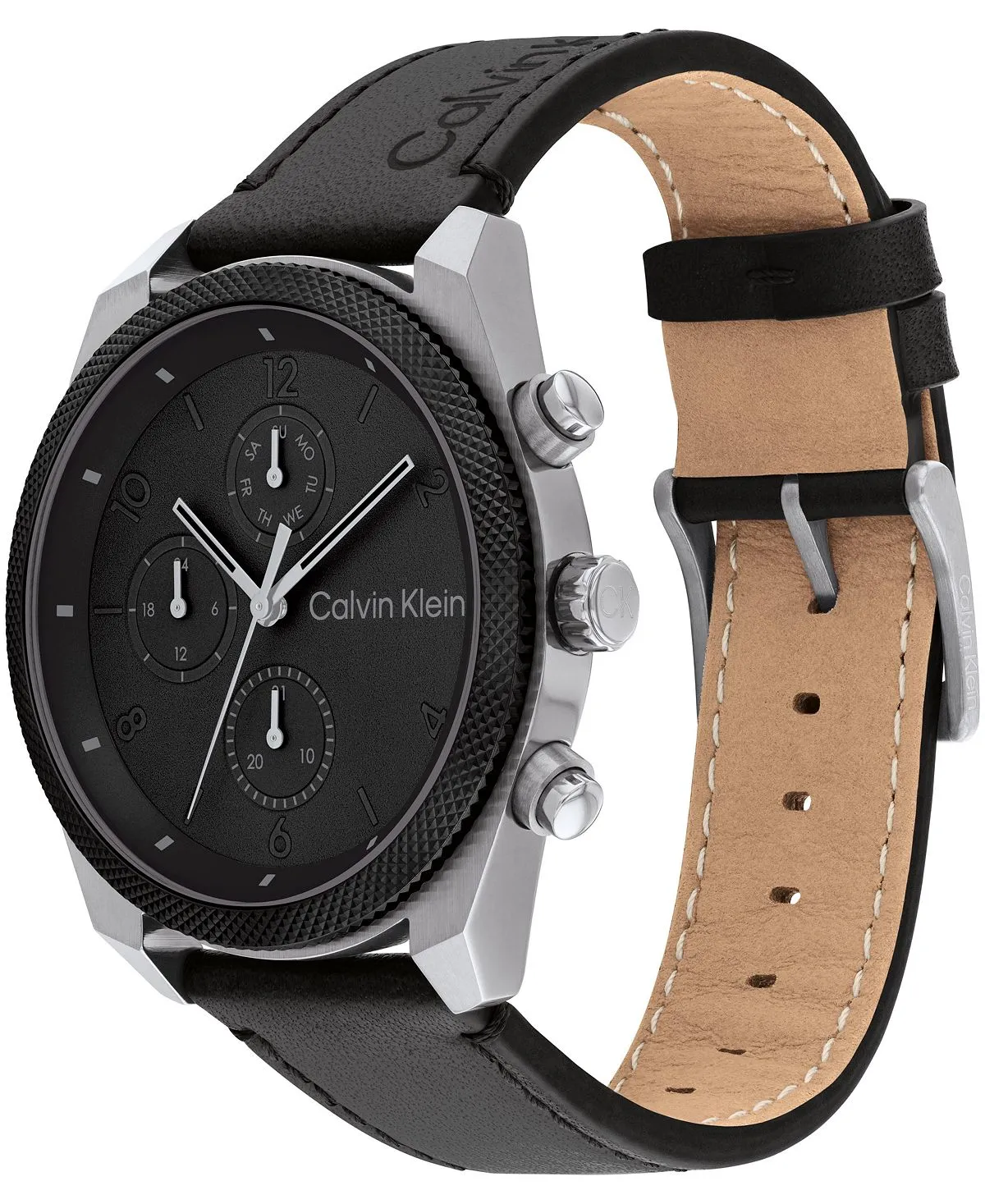 Calvin Klein Men's Multifunction Watch with Black Leather Strap, 44mm