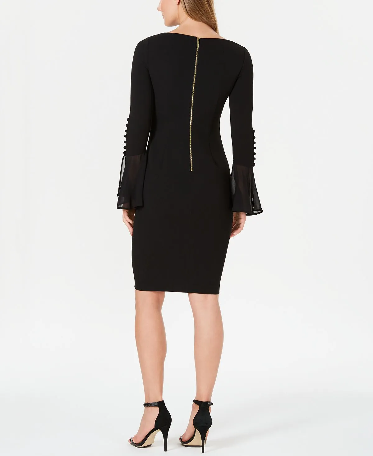 Calvin Klein Mini Chiffon Sheath Dress with Flare Sleeves, Black