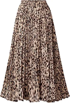 CHARTOU Womens Chic Elastic High Waisted A Line Leopard Print Pleated Shirring Midi-Long Skirt