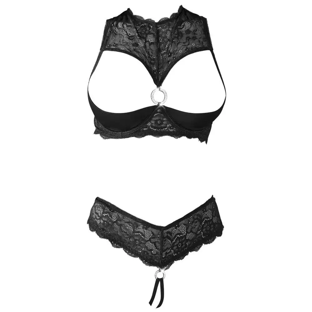 Cottelli Sexy Black Peekaboo Bra and Crotchless G-string
