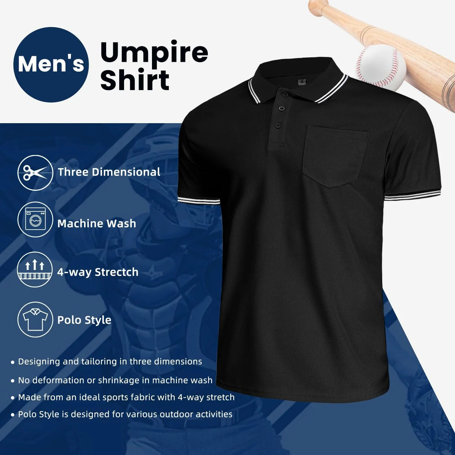 CUTIEHON Men's Baseball Umpire Shirt, Short Sleeve referee Jersey Shirts Sized for umpire chest protector