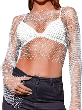 CYCLAMEN Women's Rhinestone Body Chains Long Sleeve Crop Tops Crystal See Through Mesh Diamond Fishnet Shirts Outfits