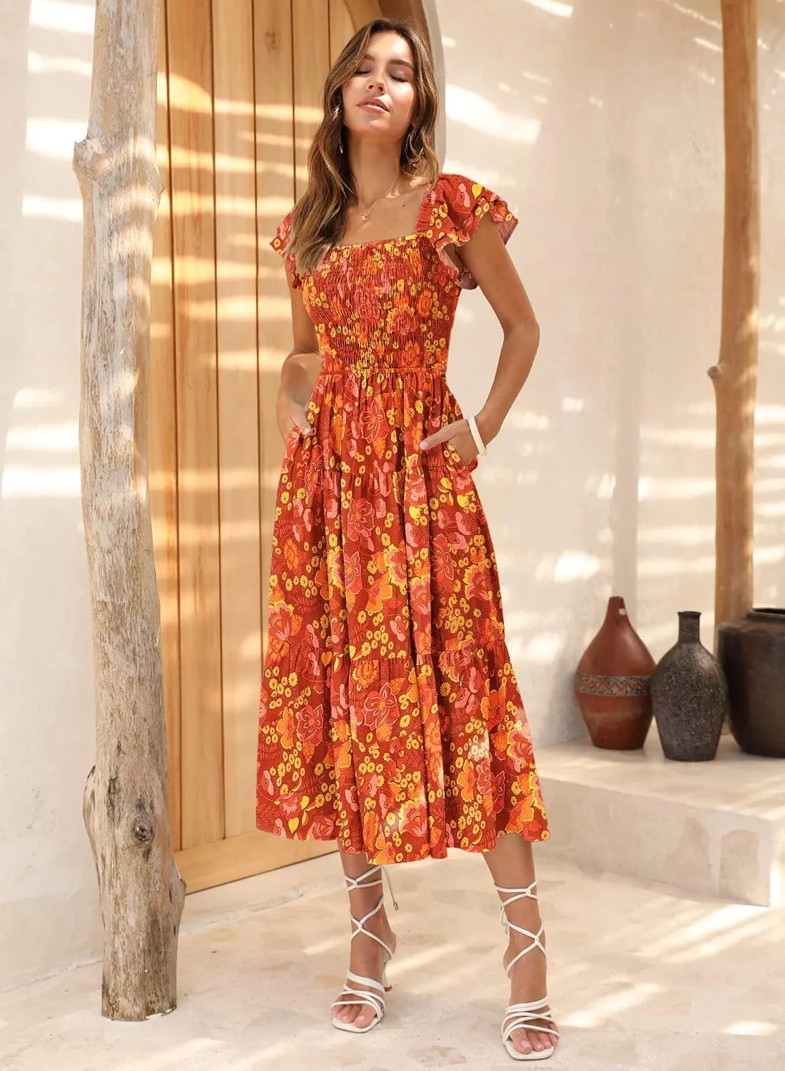 DOROSE Women's Summer Floral Dress Square Neck Smocked Boho Midi Dress Ruffle Tie Back Flowy Beach Long Tiered Dress