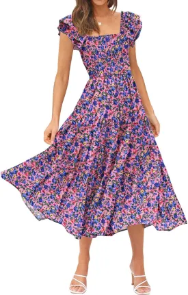 DOROSE Women's Summer Floral Dress Square Neck Smocked Boho Midi Dress Ruffle Tie Back Flowy Beach Long Tiered Dress