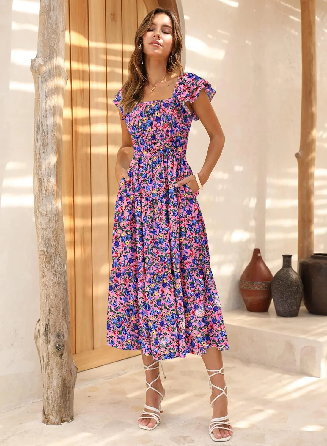 DOROSE Women's Summer Floral Dress Square Neck Smocked Boho Midi Dress Ruffle Tie Back Flowy Beach Long Tiered Dress