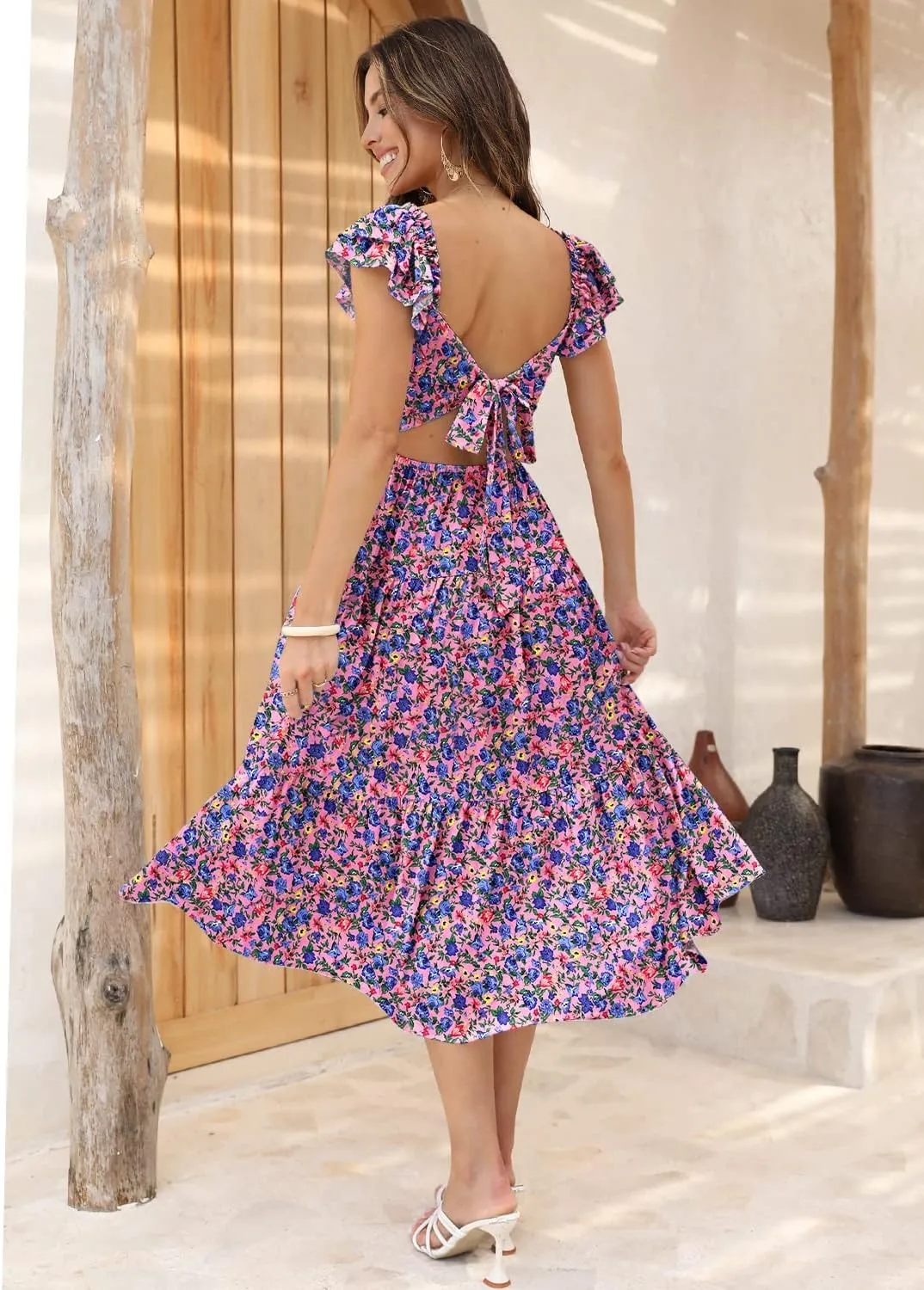 DOROSE Women's Summer Floral Dress Square Neck Smocked Boho Midi Dress Ruffle Tie Back Flowy Beach Long Tiered Dress