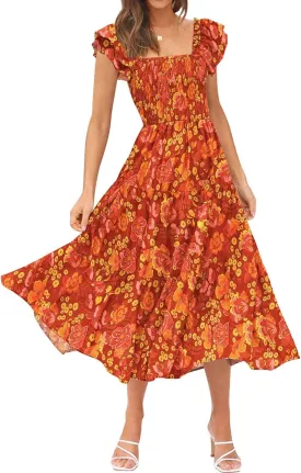 DOROSE Women's Summer Floral Dress Square Neck Smocked Boho Midi Dress Ruffle Tie Back Flowy Beach Long Tiered Dress