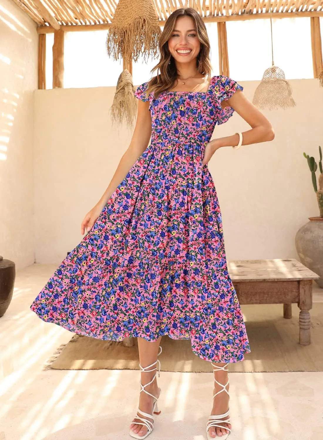 DOROSE Women's Summer Floral Dress Square Neck Smocked Boho Midi Dress Ruffle Tie Back Flowy Beach Long Tiered Dress