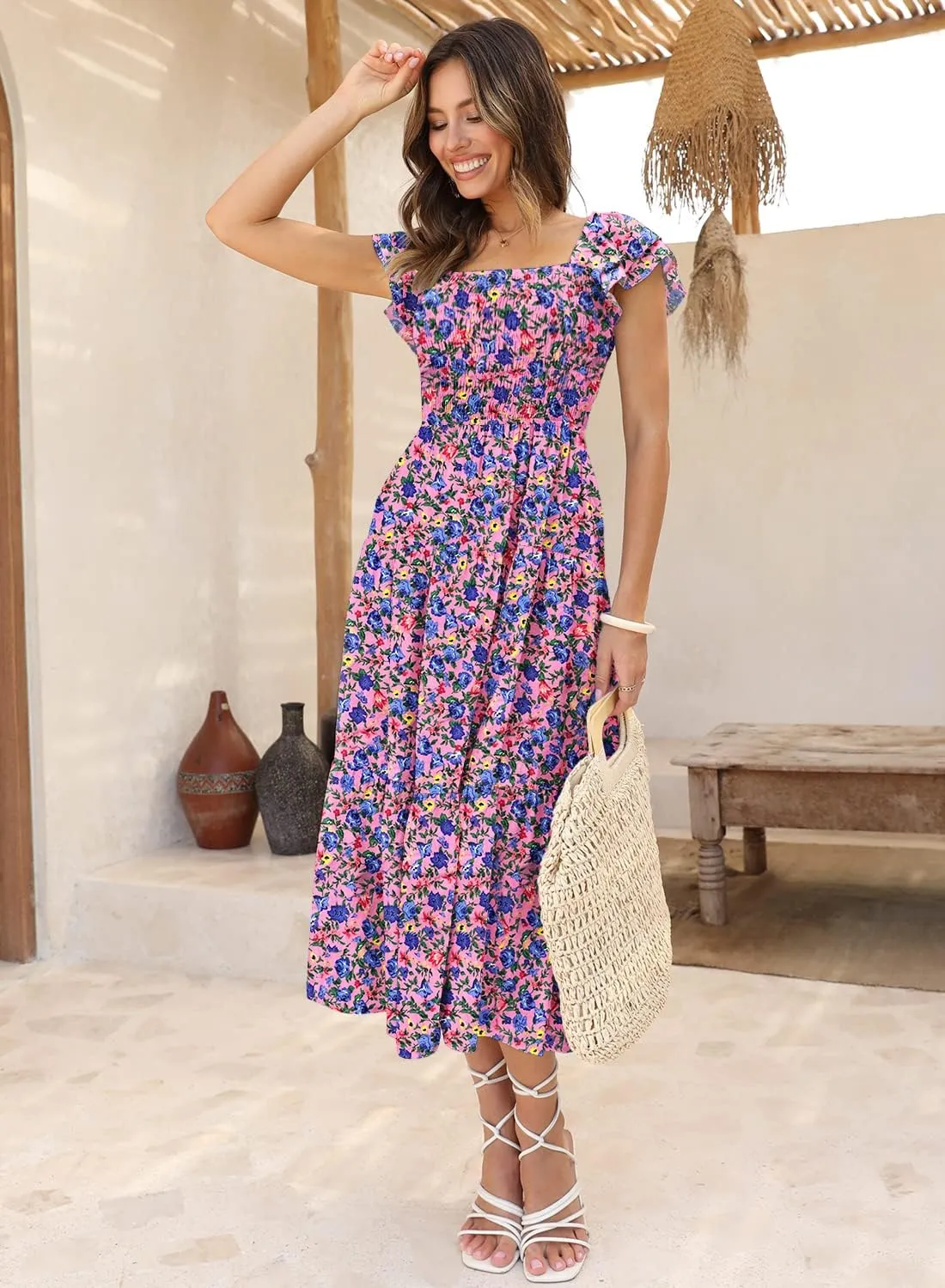 DOROSE Women's Summer Floral Dress Square Neck Smocked Boho Midi Dress Ruffle Tie Back Flowy Beach Long Tiered Dress